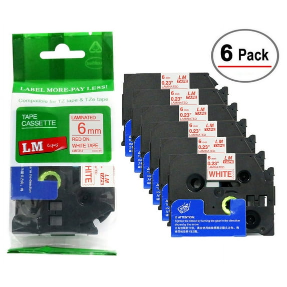 6/Pack - Premium Compatible with TZe-212 Red on White 1/4 p-touch Label tape, 6mm laminated replacment TZe212 tape, TZ212 0.23" Red ink on White label with color/size guide.