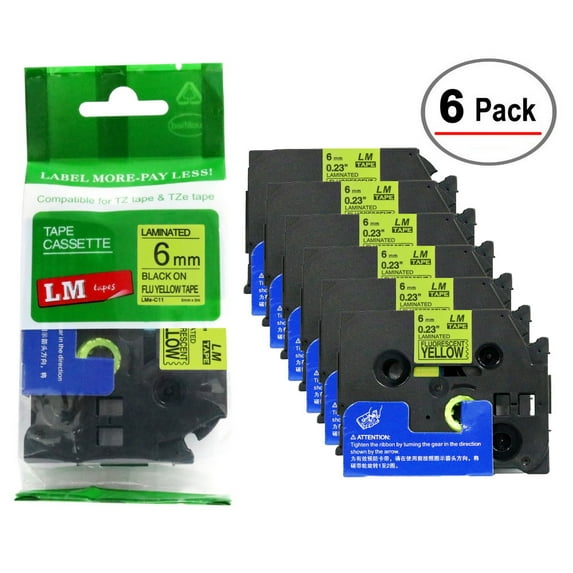 6/Pack - Premium Compatible with TZe-C11 Black on Fluorescent Yellow 1/4 p-touch Label tape, 6mm laminated replacment TZeC11 tape, TZC11 0.23" black ink on bright yellow label.
