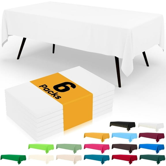 6 Pack 54”x 108”Plastic Table Cloth Disposable,Waterproof Table Cloths for Parties,Decorative Tablecloths for Rectangle Tables,White Plastic Cover,Reusable Flexibility for Parties, Events & Weddings