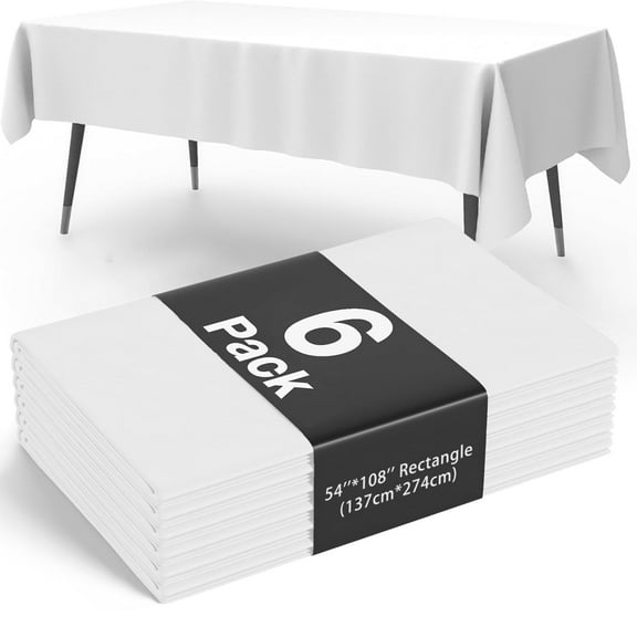 GPED 6-Pack Premium Disposable Plastic Tablecloth 54x108 inch for Rectangle Tables, Waterproof and Stain-Resistant Table Cover, Ideal for Parties Picnics Camping,White