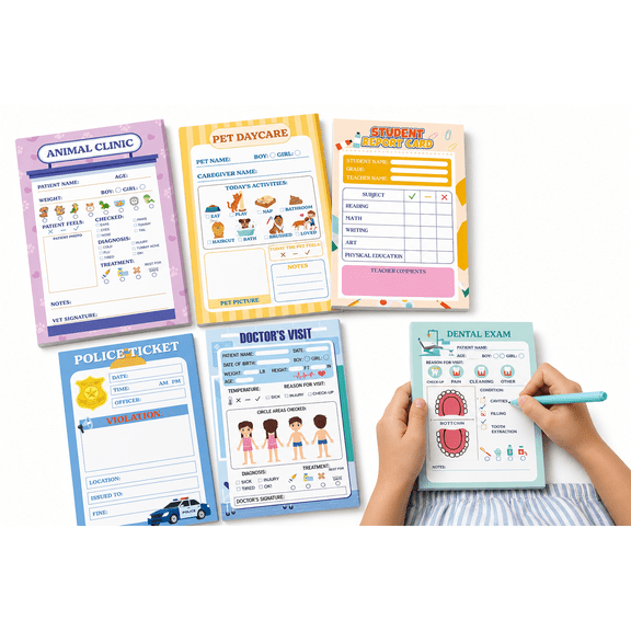 6-Pack Pretend Play Notepads, 4 x 6 Inch Variety Role Play Pads (40 Pages Each) - Playtime Accessories Bundle for Gifts