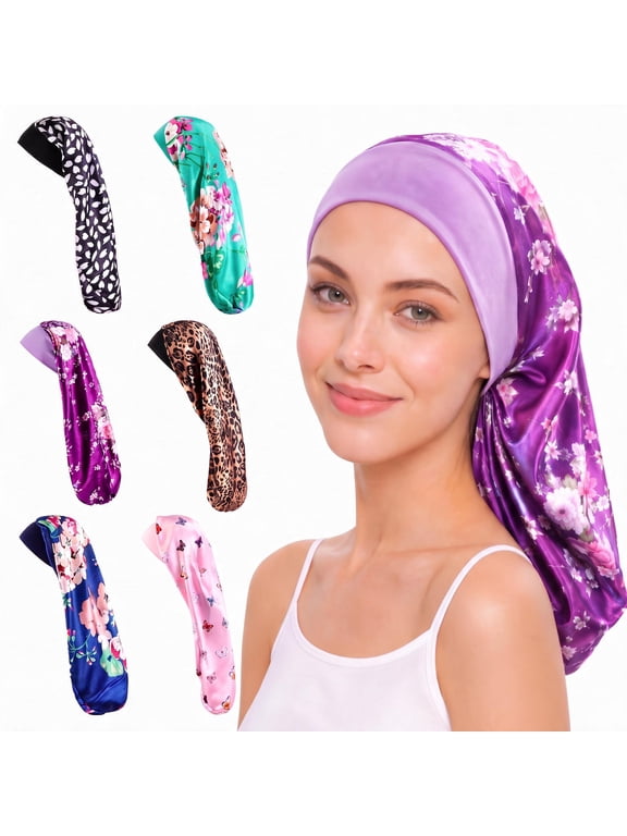 6 Pack Printed Satin Long Tube Hair Bonnets with Wide Elastic Band, Extra Long Sleeping Caps, Silky Hair Protection Head Covers for Beauty & Salon Daily Use