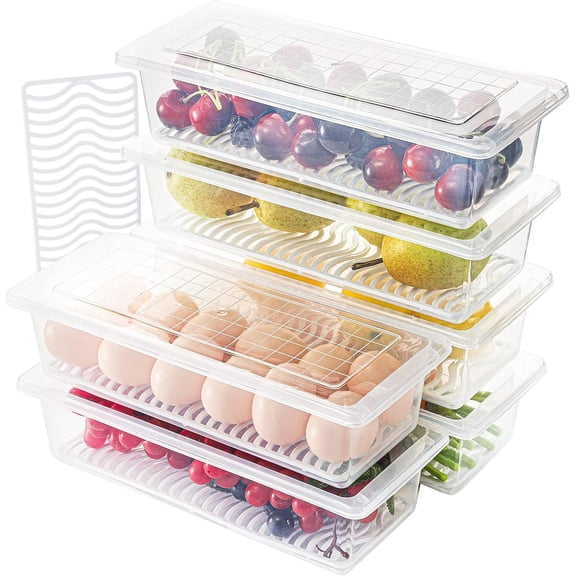 6 Pack Produce Saver Container, 1.5L Storage Containers for Fridge with Lid, Stackable Fruits Storage Keeper with Removable Drain Plate for Vegetables, Meat, Fish and Dry