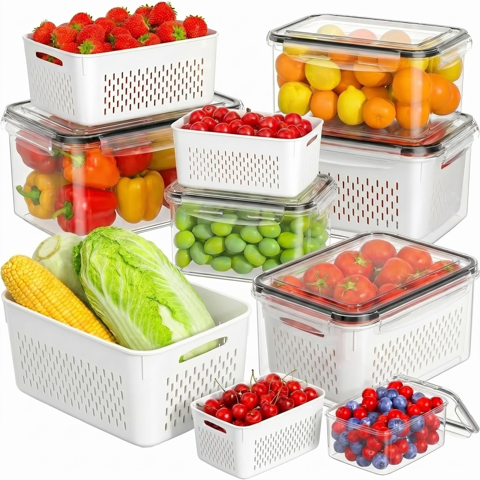 6-Pack Produce Storage Containers with Removable Colanders for Fruits, Vegetables & Berries, Meat Fresh Longer, Dishwasher & Microwave