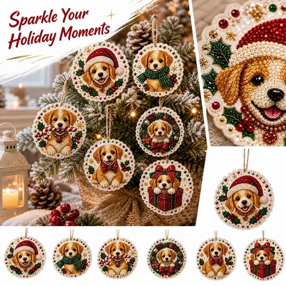 6 Pack Puppy DIY Christmas Ornaments Kit, Pearl Sticker Art Craft Set, 3D Shiny Dog Hanging Decor for Xmas Tree, Holiday Gifts for Kids Adults & Dog Lovers, Easy Family Activity