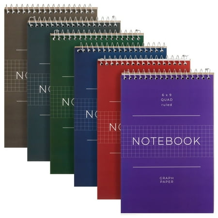 6 Pack Quad Ruled 6x9 Inch Top Bound Spiral Graph Paper Notebook - 80 Sheets / 160 Writable Page Steno Notepads for Writing, Sketching, Drawing, Office Supplies (6 Colors)