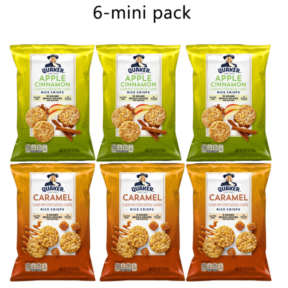 6 Pack Quaker Rice Crisps with Caramel & Apple Cinnamon Flavors, Gluten Free, 0.91 Oz Per Pack