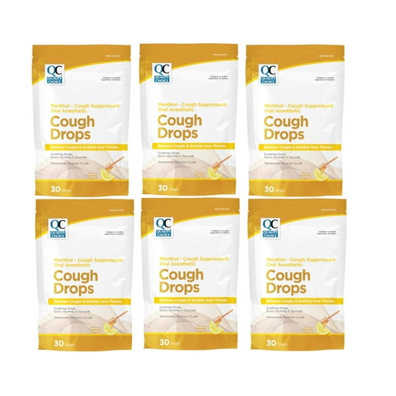 6 Pack - Quality Choice Honey Lemon Flavor Cough Drops, 30 Count Bag, Menthol Cough Suppressant and Oral Anesthetic, Suitable for Adults and Children Over 5 Years, Cold and Flu Relief, Cold Medicine