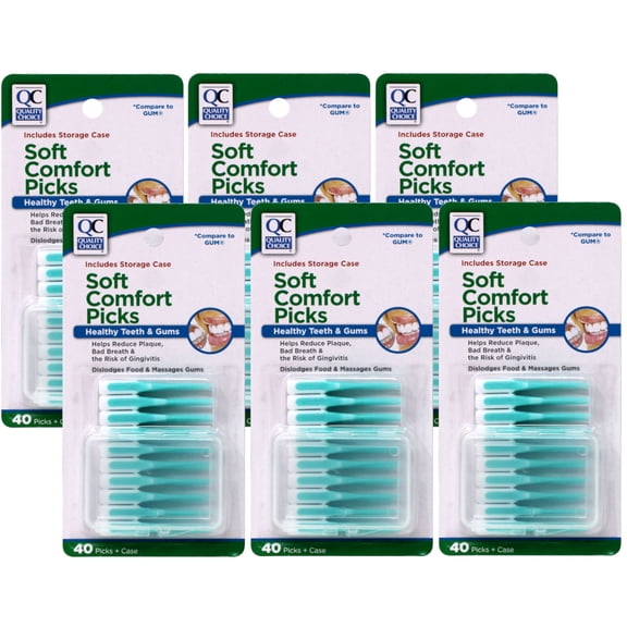 6 Pack - Quality Choice Soft Comfort Picks Teeth & Gums with case 40 Count Each