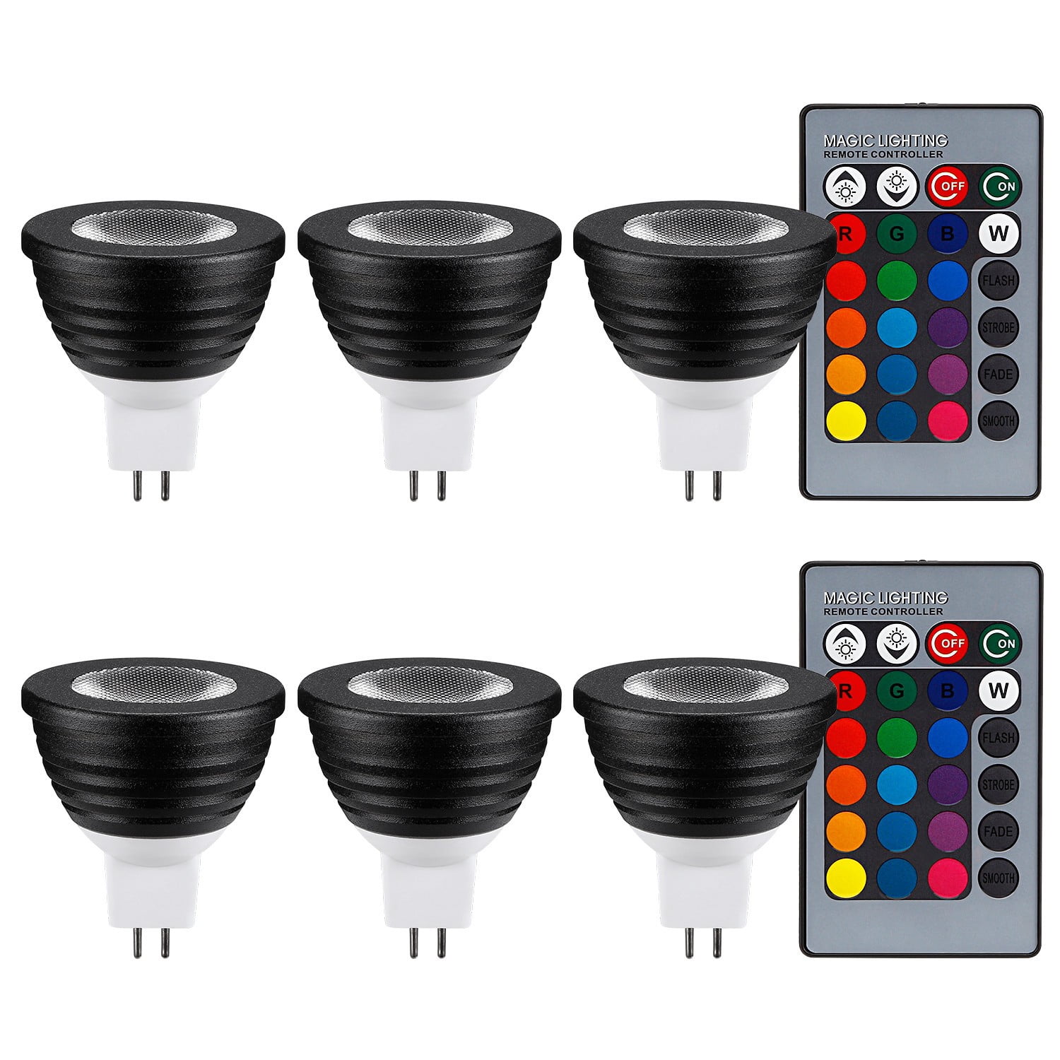 6 Pack RGB Color Changing LED Floodlight Bulb Kit, 3W Multi-Color LED MR16 Light Bulbs with GU5.3 Base & 2 IR Remote Controllers, Black Finish