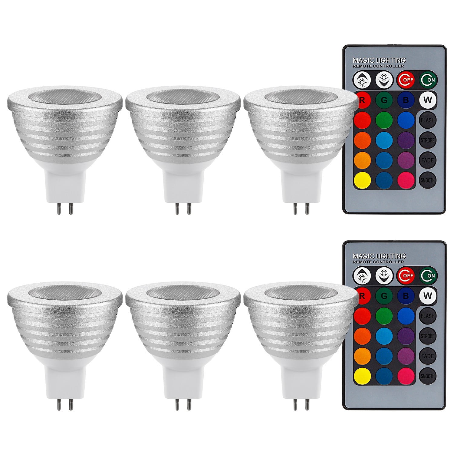 6 Pack RGB Color Changing LED Floodlight Bulb Kit, 3W Multi-Color LED MR16 Light Bulbs with GU5.3 Base & 2 IR Remote Controllers, Silver Finish