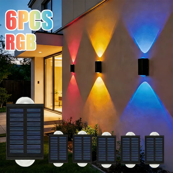 6 Pack RGB Solar Wall Lights Outdoor Waterproof Up and Down Color Changing LED Sconce Lamp for Fence, House, Patio, Porch, Yard, Garden, Garage, Easy to Install for Security and Decorative Lighting