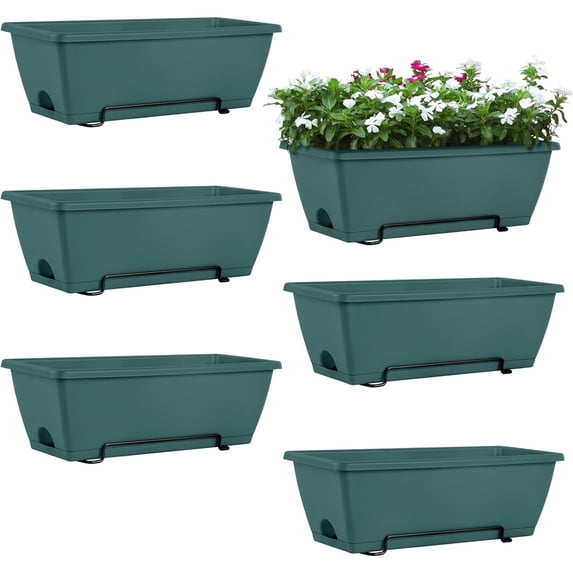 6 Pack Railing Planter Box for Balcony Fences Garden,16.9 Inch Deck Railing Planter Boxes for Plants, Rectangular Hanging Window Boxes Planters, Green
