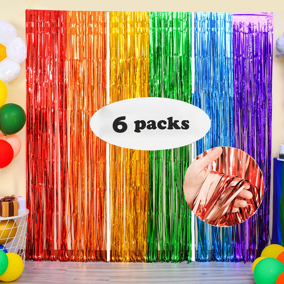 6 Pack Rainbow Foil Fringe Curtains Backdrop, 3.28 x 9.8 Ft Metallic Streamers Tinsel Curtains Background for Photo Booth, Birthday, Halloween, Christmas, Thanksgiving, New Year Party Decorations