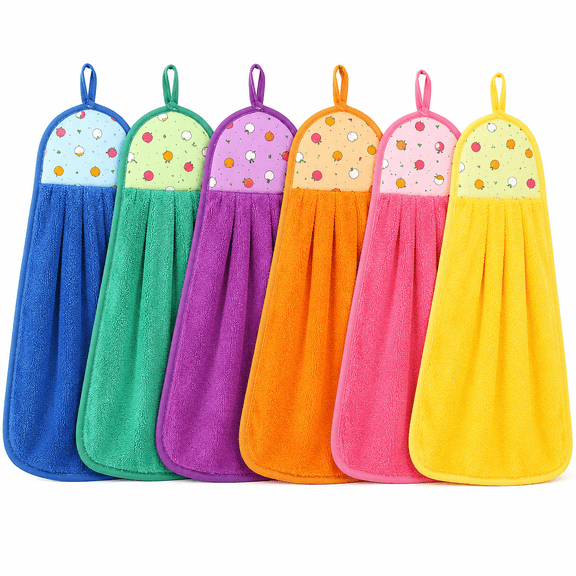 6 Pack Random Color Hanging Hand Towels, Soft Absorbent Microfiber Loop Towels for Kitchen, Bathroom, Sink and Daily Cleaning