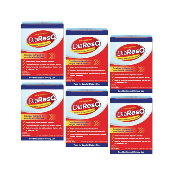 6 Pack Rapid Recovery DiaResQ Diarrhea Relief, .25oz Per Packet, 3 Packets Each