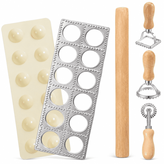 6 Pack Ravioli Mold Set 2 Inch Squares Ravioli Maker Cutter Include 1 Raviolis Maker Press 3 Pasta Cutter Stamp Makers 1 Wood Rolling Pin Pasta Making Tool(Makes 12 Ravioli)