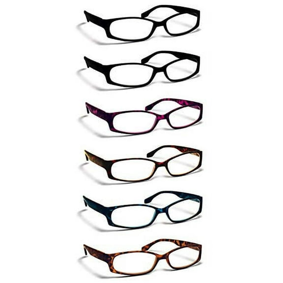 6 Pack Reading Glasses by BOOST EYEWEAR, Womens Fashion Frames (Solid Black, and Blue, Red, Purple, Natural Tortoise Shell Patterns), Spring Loaded Hinges, Assorted, 6 Pairs (+1.75)