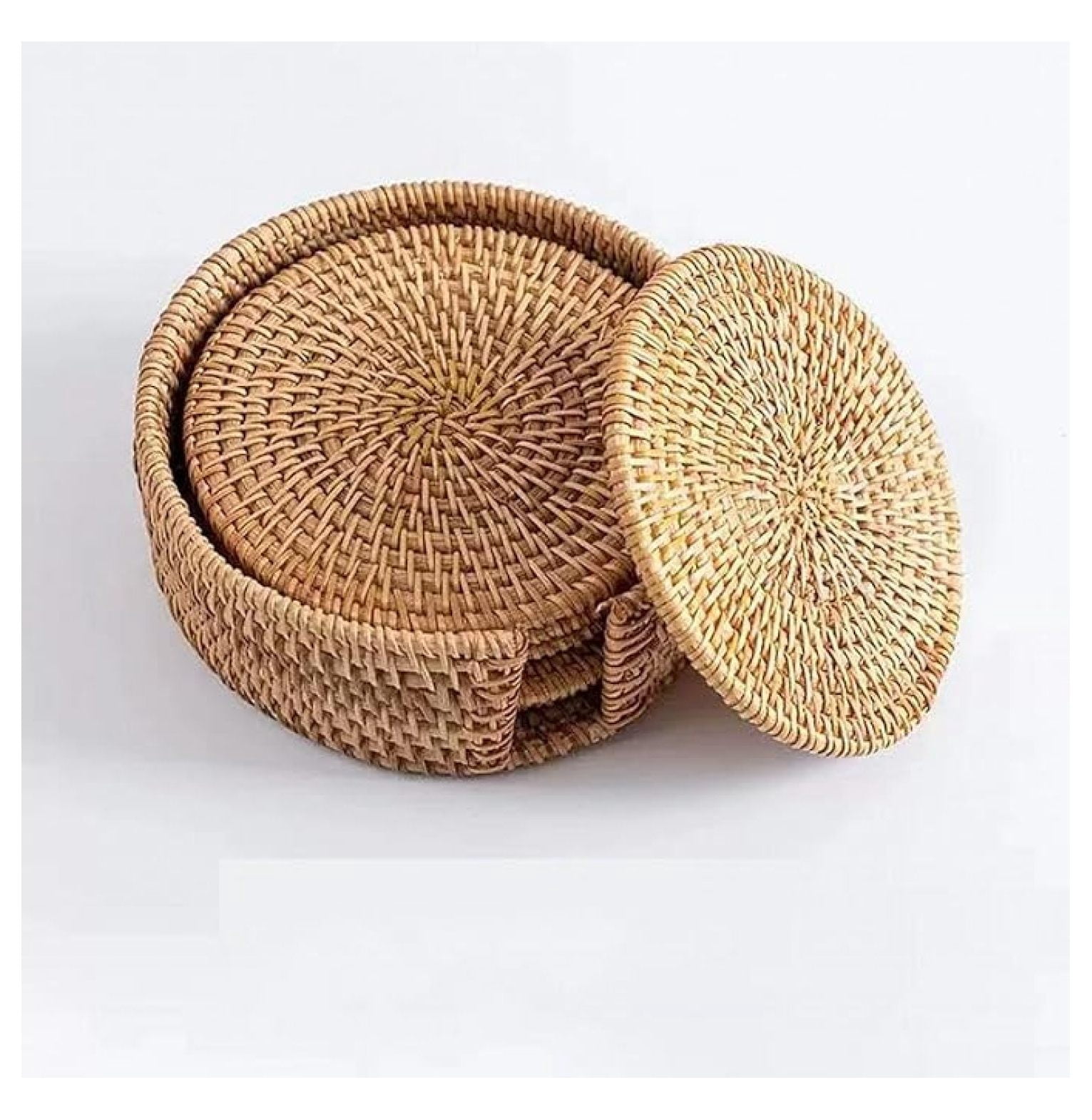 Round Rug Coasters 6 Pack Real Rattan Round Woven Coasters Set with Holder for Drinks,13cm ...