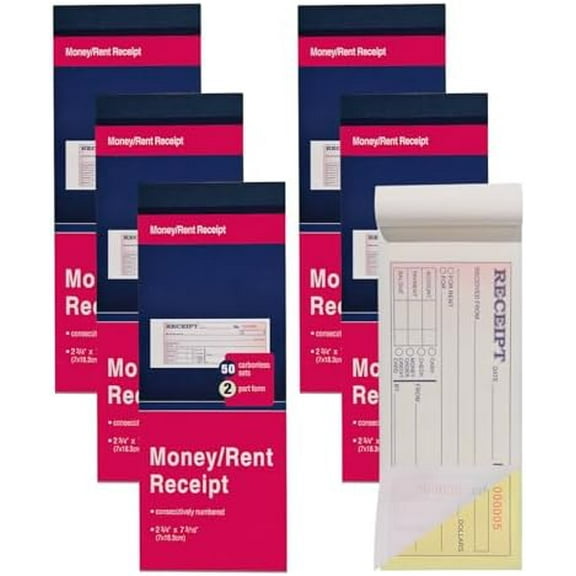 6 Pack Receipt Book with Carbon Copies, Money and Rent Receipt Book for Small Business, 2-3/4" x 7-3/16", 2-Part Carbonless, 50 Sets per Book$$Office
