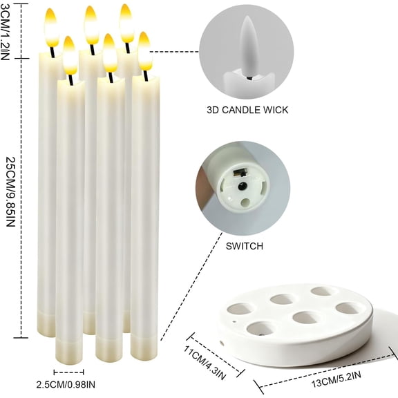 6-Pack Rechargable Taper Candles with Remote Timer, Flameless Flickering Real Wax Candle, 60+ Hours Battery Life, Fast Charging Station, for Home Decor, Wedding, Christmas, Thanksgiving