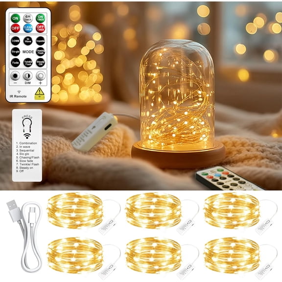 6 Pack Rechargble Fairy Lights with Remote & DIY Timer, 7Ft 20LED Mini Battery String Light, Twinkle Silver Copper Wire for Wedding Party Bedroom Christmas Table Decoration(Warm White)