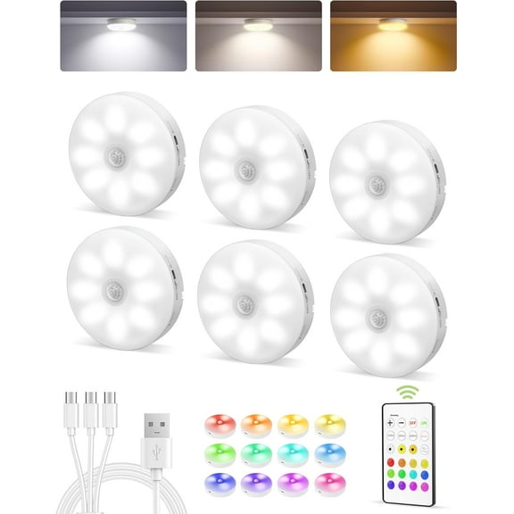 6 Pack Rechargeable Under Cabinet LED Lights, Magnetic Motion Sensor Puck Lights with Remote, 3 White Light Modes & 12 RGB Dimmable Colors, Timer Wall Night Light for Kitchen Closet Stairway Decor