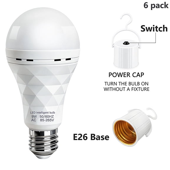 6 Pack Rechargeable Emergency LED Light Bulbs,6500K White Light A19 9W (Equivalent to 60W), Battery Backup, E26 E27 Base