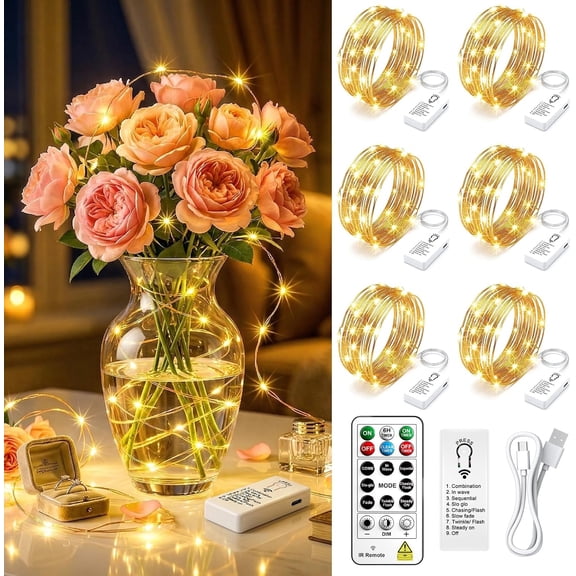 6 Pack Rechargeable Fairy Lights Battery Operated with Remote & DIY Timer, 7ft 20LED Mini Twinkle String Light for Mason Jar DIY Wedding Table Centerpieces Party Bedroom Christmas (Warm White)