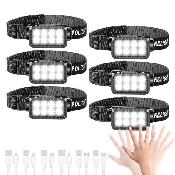 6 Pack Rechargeable Headlamp,Super Bright LED Head Flashlight with Motion Sensor,IPX6 Waterproof Headlight for Camping,Hiking,Fishing,Running,Hunting,Hands Free Head Lamp for Adults,Team Work
