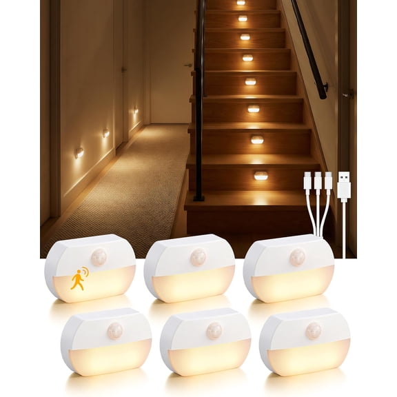 6 Pack Rechargeable Motion Sensor Stair Lights, Indoor Hallway Wall Light, Magnetic Wireless Peel and Stick On Closet Light, Battery Operated LED Night Lights for Step Bedroom Cabinet Toilet Bathroom