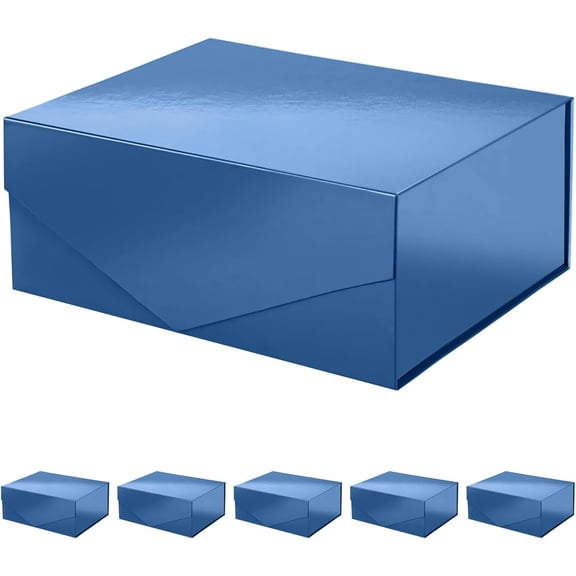 6 Pack Rectangular Collapsible Gift Boxes with Magnetic Lids 9 x 6.5 x 3.8 Inches Glossy Navy