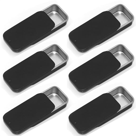 6 Pack Rectangular Hinged Tins Box,Slide Top Tin Box,Empty Metal Containers,Mini Portable Storage Organizer Kit,for Lip Balm Crafts Candies Pills Small Items (2.4" x 1.3" x 0.4" Black)