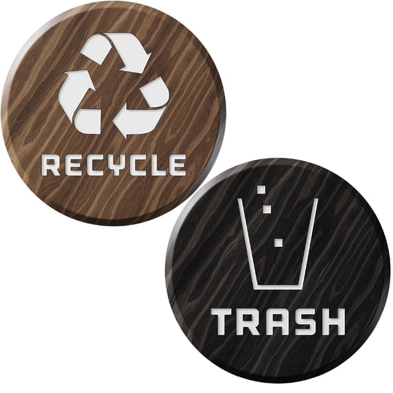 6 Pack Recycle Logo and Trash can Sticker to Organize Your Trash - for Trash cans, Garbage containers and Recycle Bins - Premium Vinyl Decal (Wood - Brown/Black, Small)