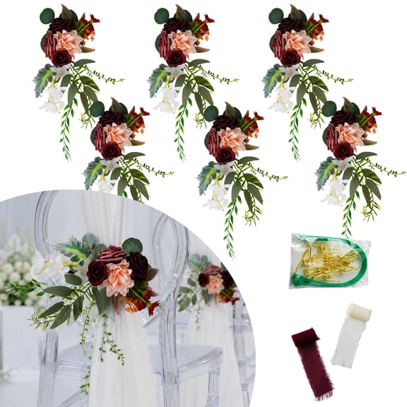 6-Pack Red Artificial Flower Chair Back Decor, Wedding Aisle Chair Decorations with Ribbons and Fastening Accessories