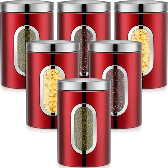 6 Pack Red Canisters Sets For Kitchen 50oz Stainless Steel Red Kitchen Canisters with Transparent Windows Flour Sugar Container Metal Jar Countertop Set for Coffee Tea Decorative