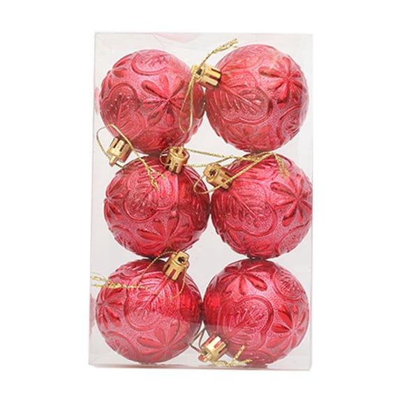 6 Pack Red Christmas Ball Ornaments, Vintage Embossed Floral Pattern Plastic Tree Hanging Decorations for Front Door Window Mantel Fireplace Living Room Party 2.76"x2.36"