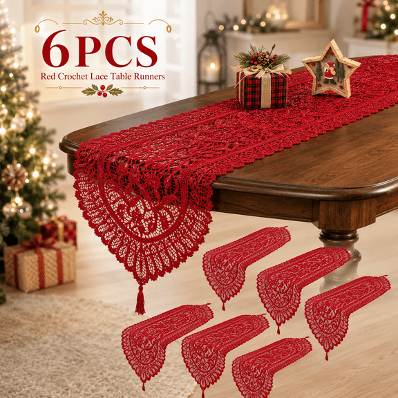 6 Pack Red Crochet Lace Table Runners, 13 x 45 Inch Floral Lace Doilies with Tassels for Dining Table, Dresser, Wedding and Christmas Decor