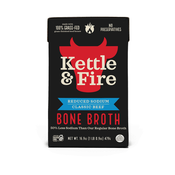 Kettle and Fire Reduced Sodium Beef Bone Broth, 17g of protein, 16.9 fl oz