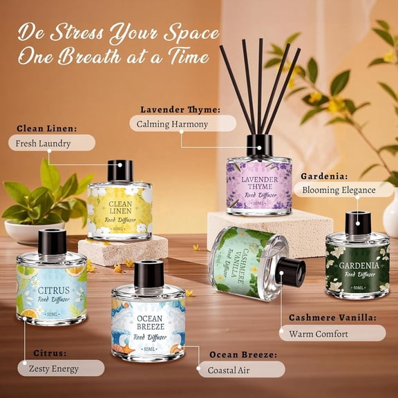 6-Pack Reed Diffuser Set, Essential Oil Reed Diffuser for Home with 30 Sticks, Long-Lasting Scent, Gift-Grade Aromatherapy Diffuser for Bedroom, Bathroom, Office, Home Decor (1.69 oz each)