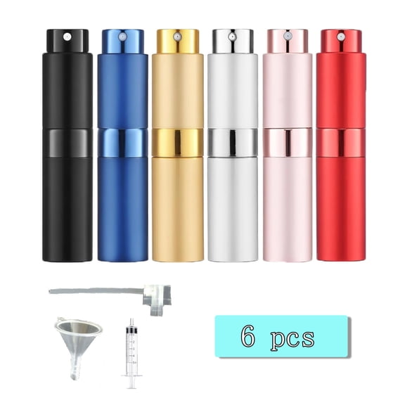6 Pack Refillable Travel Perfume Bottles, 8ml Empty Atomizer with Twist-Up Sprayer, Leakproof Glass Vial in Aluminum Case for Cologne and Fragrance, Assorted Colors