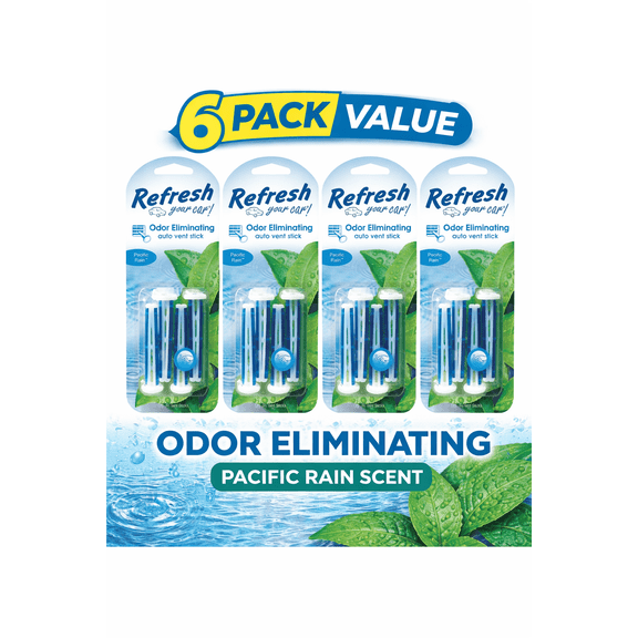 6 Pack Refresh Your Car Vent Sticks 24 Total Vent Sticks Pacific Rain Odor Eliminator