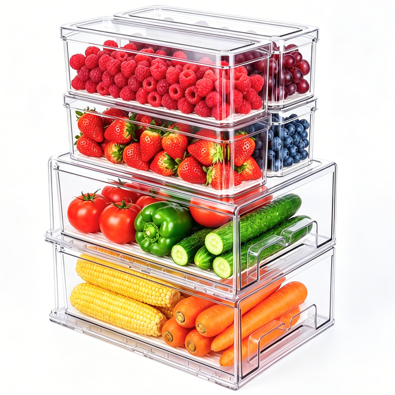 6 Pack Pull Out Fridge Organizer Bins with Lids, Clear Fridge Drawer Organizer with Strainer Layer, Stackable Refrigerator Drawer Organizer Bins for Kitchen, Countertops, Fruits, Vegetables, Drinks