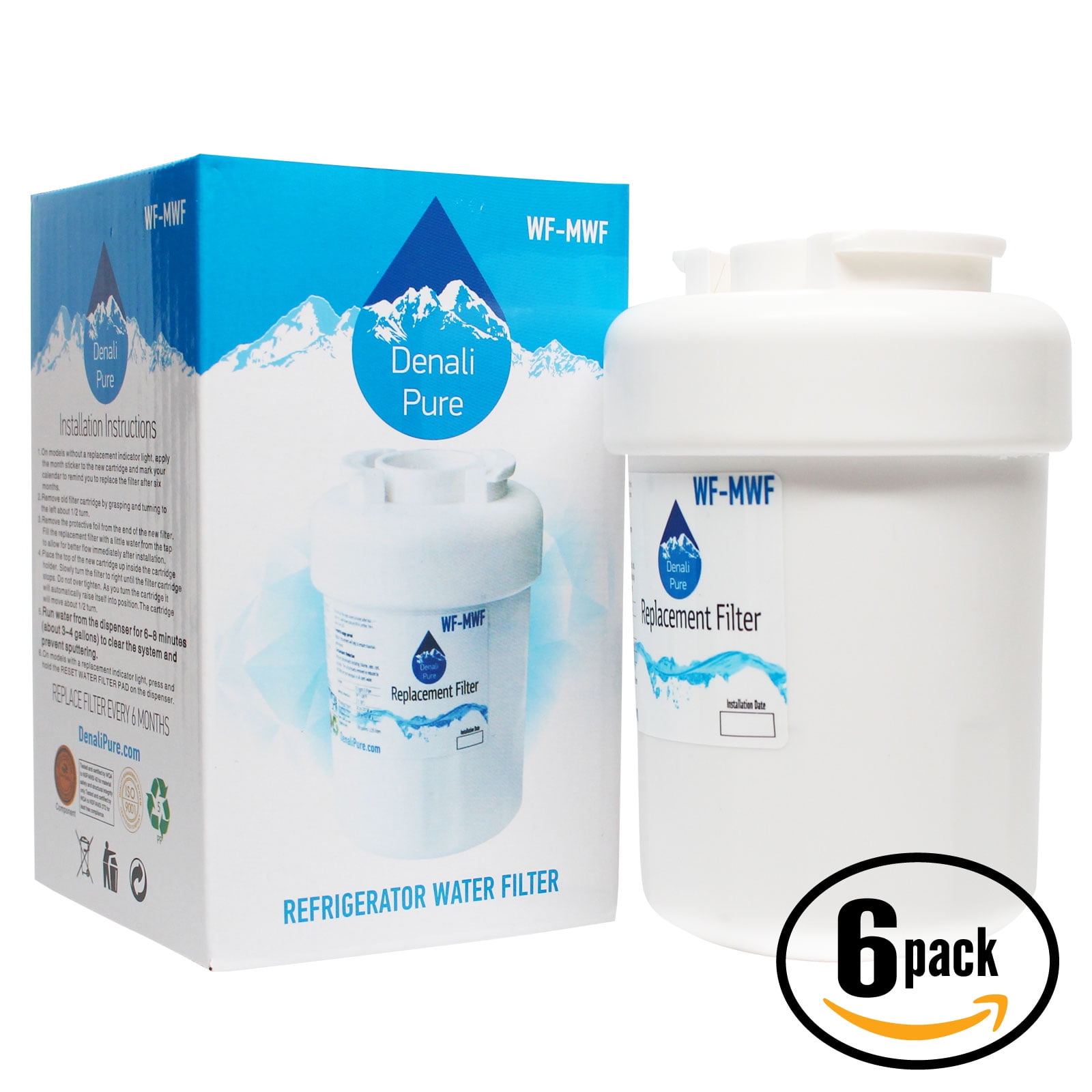 6-Pack Replacement General Electric GSH22JFZBWW Refrigerator Water Filter - Compatible General Electric MWF, MWFP Fridge Water Filter Cartridge - Denali Pure Brand