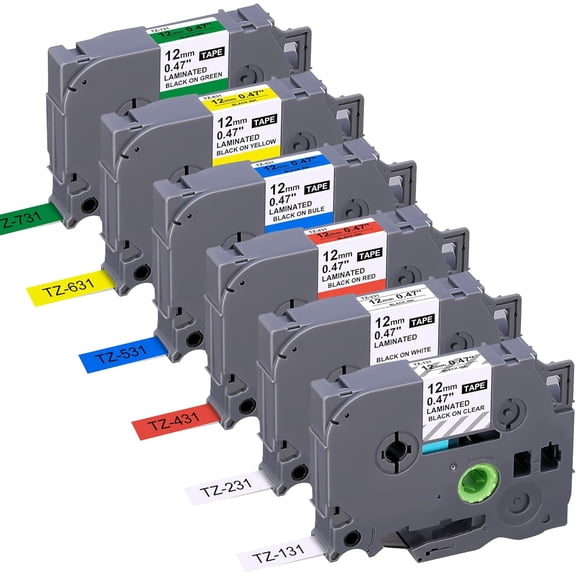 6-Pack Replacement for P Touch Label Tape TZe-231 131 431 531 631 731 12mm 0.47 Laminated Maker Multi-Color PT-D210 H110 D220 D410 D600, Clear/White/Red/Blue/Yellow/Green