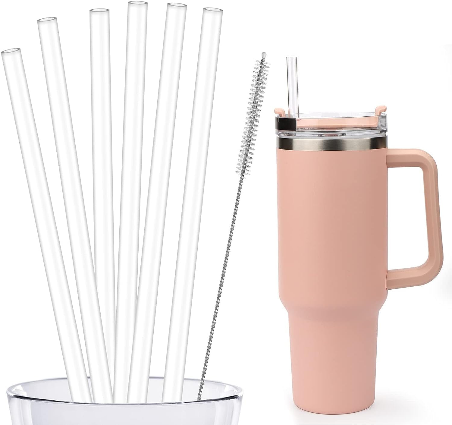 6 Pack Replacement Straws Compatible Stanley 40oz Tumbler, Clear Reusable Straw for Stanley Adventure Quencher Travel Tumbler,Long Straws with Cleaning Brush for Stanley Cup Accessories
