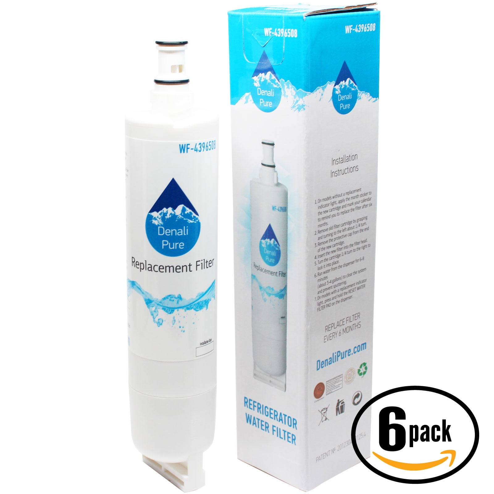 6-Pack Replacement Whirlpool ED25RFXFW00 Refrigerator Water Filter - Compatible Whirlpool 4396508, 4396510 Fridge Water Filter Cartridge - Denali Pure Brand