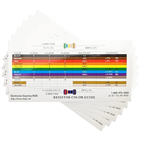 6 Pack Resistor Color Code Guide Cards for Standard and Precision Values - 6" x 3" Card Ideal for Students and Classroom
