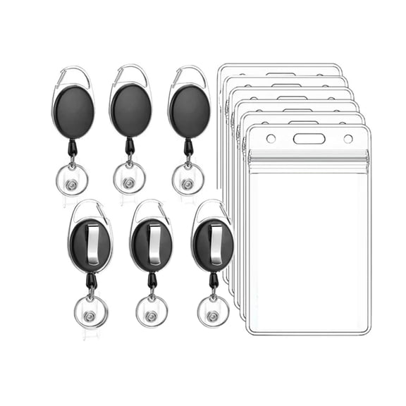6 Pack Retractable Badge Holder with Carabiner Reel Clip, Vertical Clear Plastic ID Card Key Holder with Ring, Sturdy Black Key Chain Extender for Office