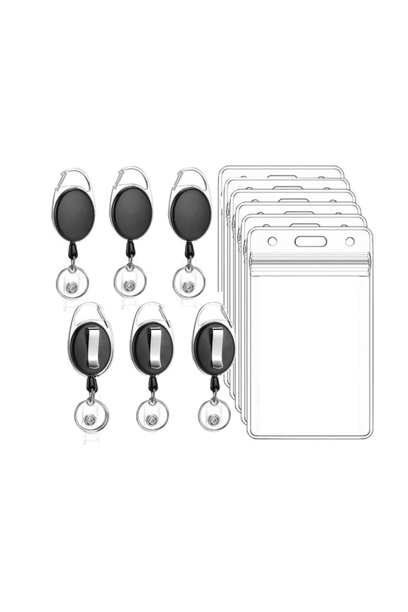 6 Pack Retractable Badge Holder with Carabiner Reel Clip, Vertical Clear Plastic ID Card Key Holder with Ring, Sturdy Black Key Chain Extender for Office